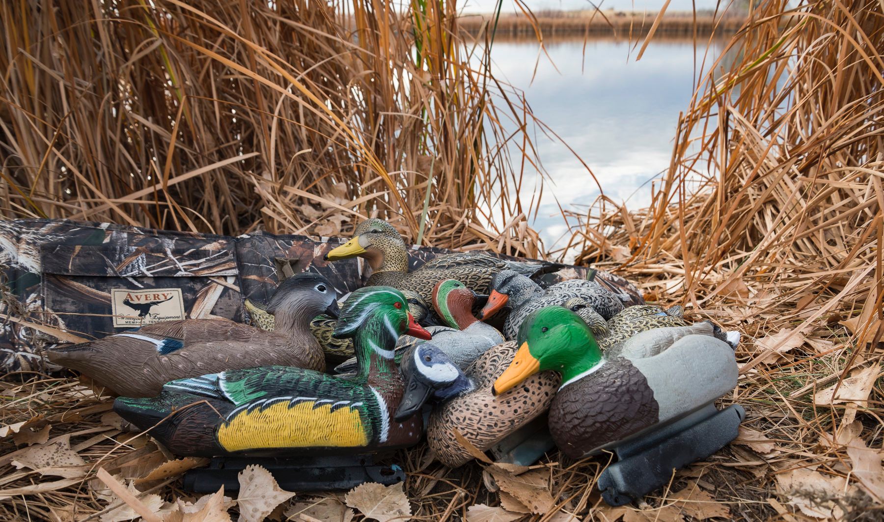 A field adorned with decoy ducks, surrounded by a serene pond.