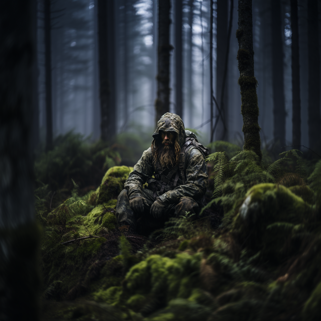 A hunter wearing thermal camouflage clothing, blending seamlessly into a forest environment.