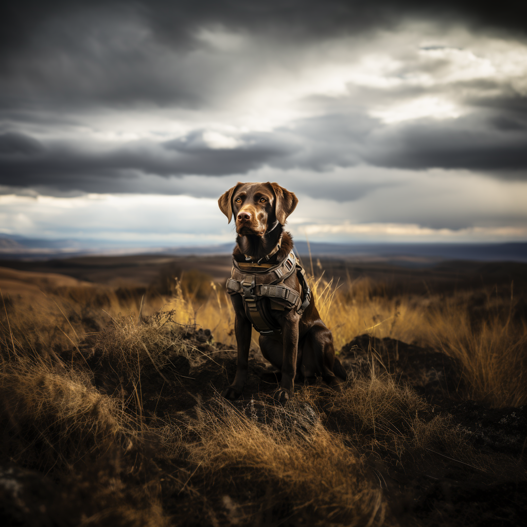A hunting dog, fully equipped with harness and gear, standing proudly in the field.